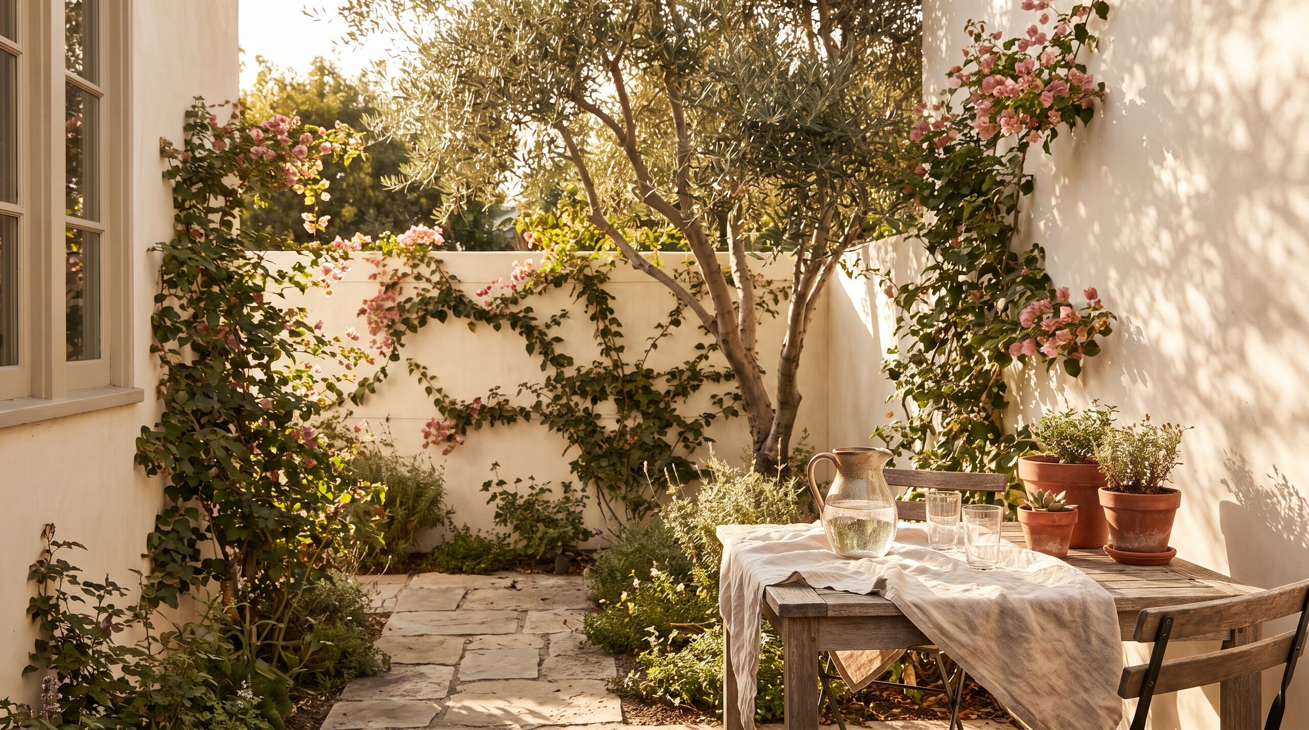 A sunlit courtyard with an olive tree and a set garden table