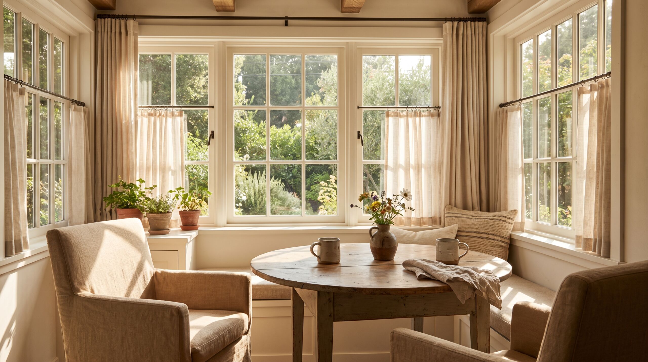 A window lined breakfast nook in cream and oak