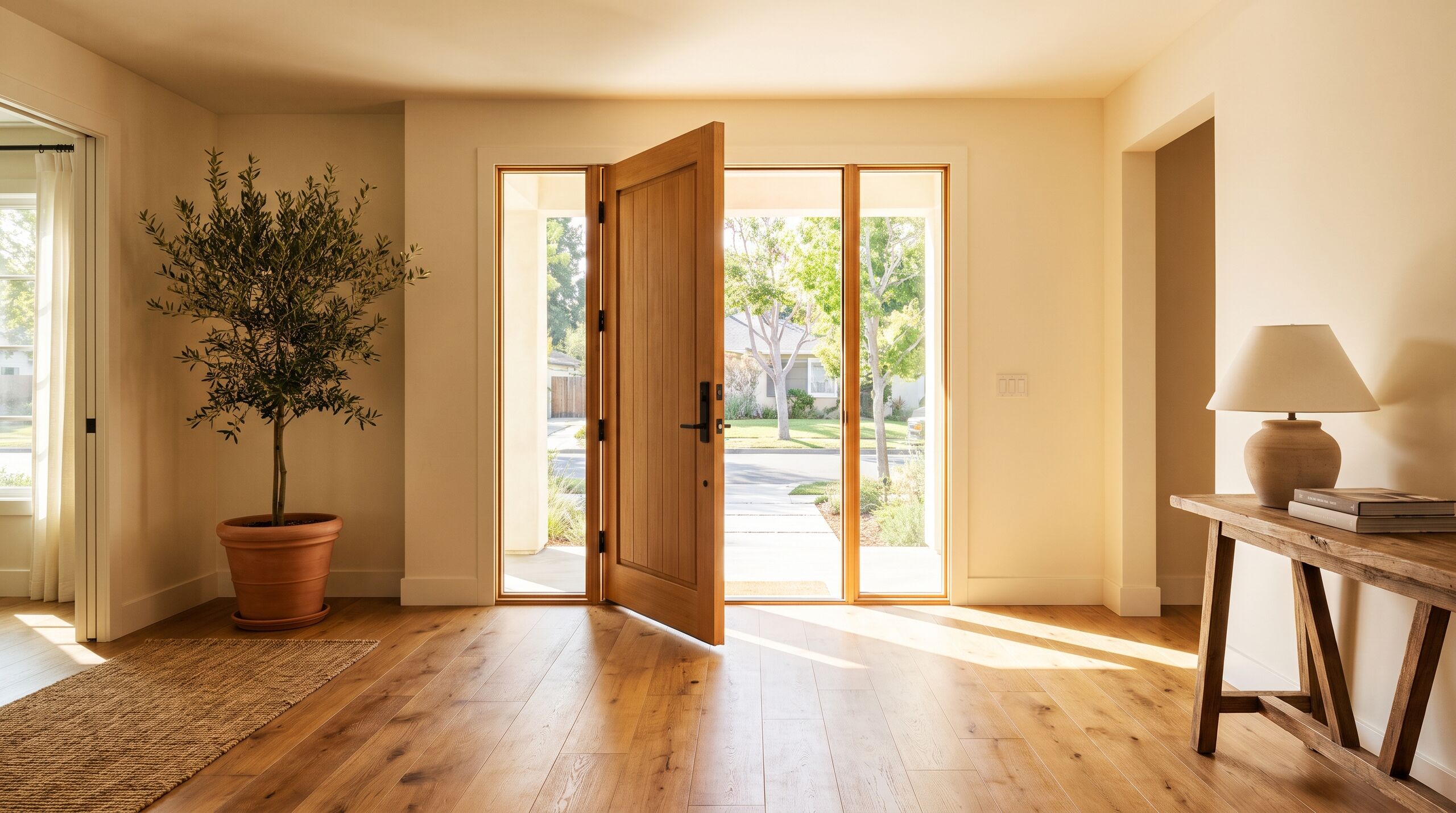 An open front door onto a bright oak floored entry