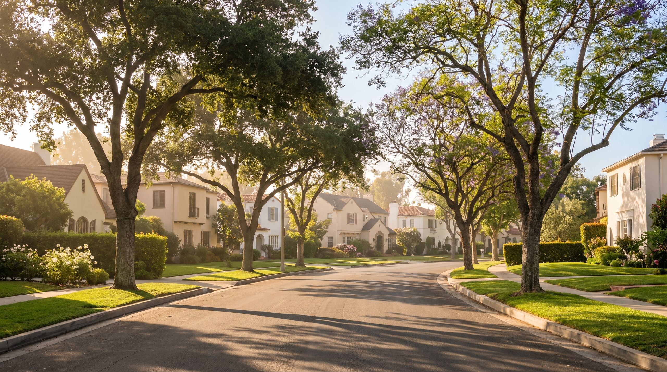 A warm tree lined street of Los Angeles homes in golden light