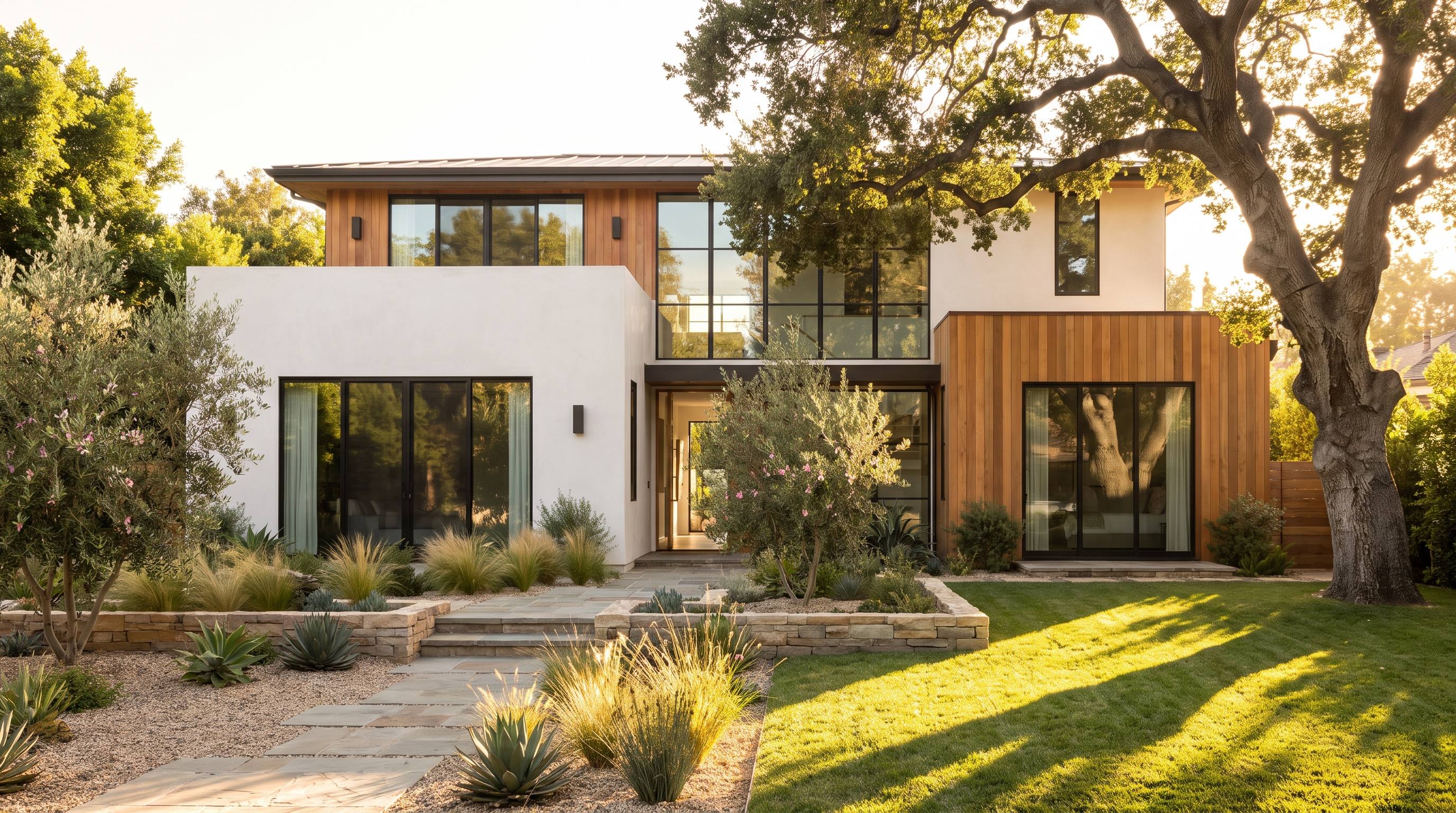 A sunlit modern Pasadena home at golden hour