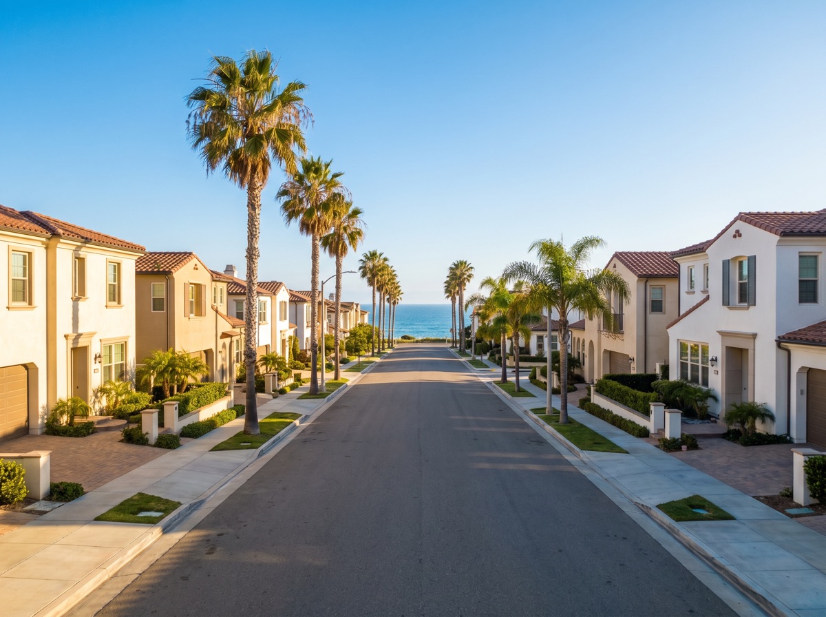 A palm lined coastal street of homes running down toward the ocean