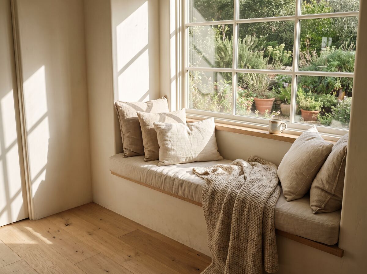 A sunlit window seat with linen cushions overlooking a garden