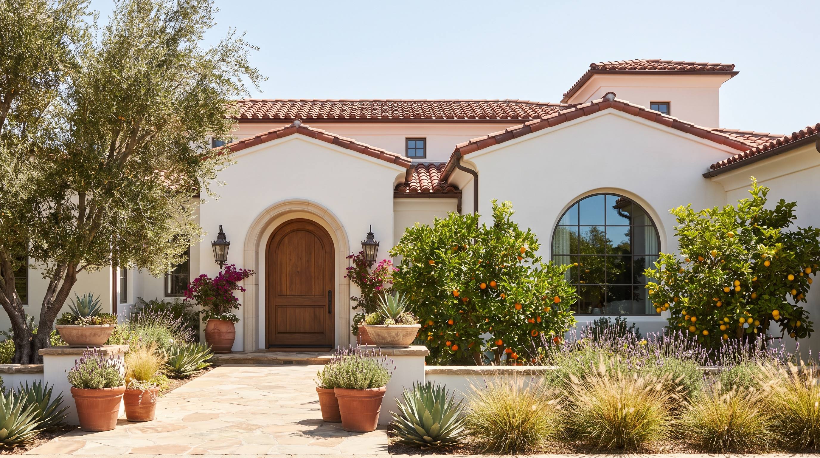 A Spanish revival home in bright midday light
