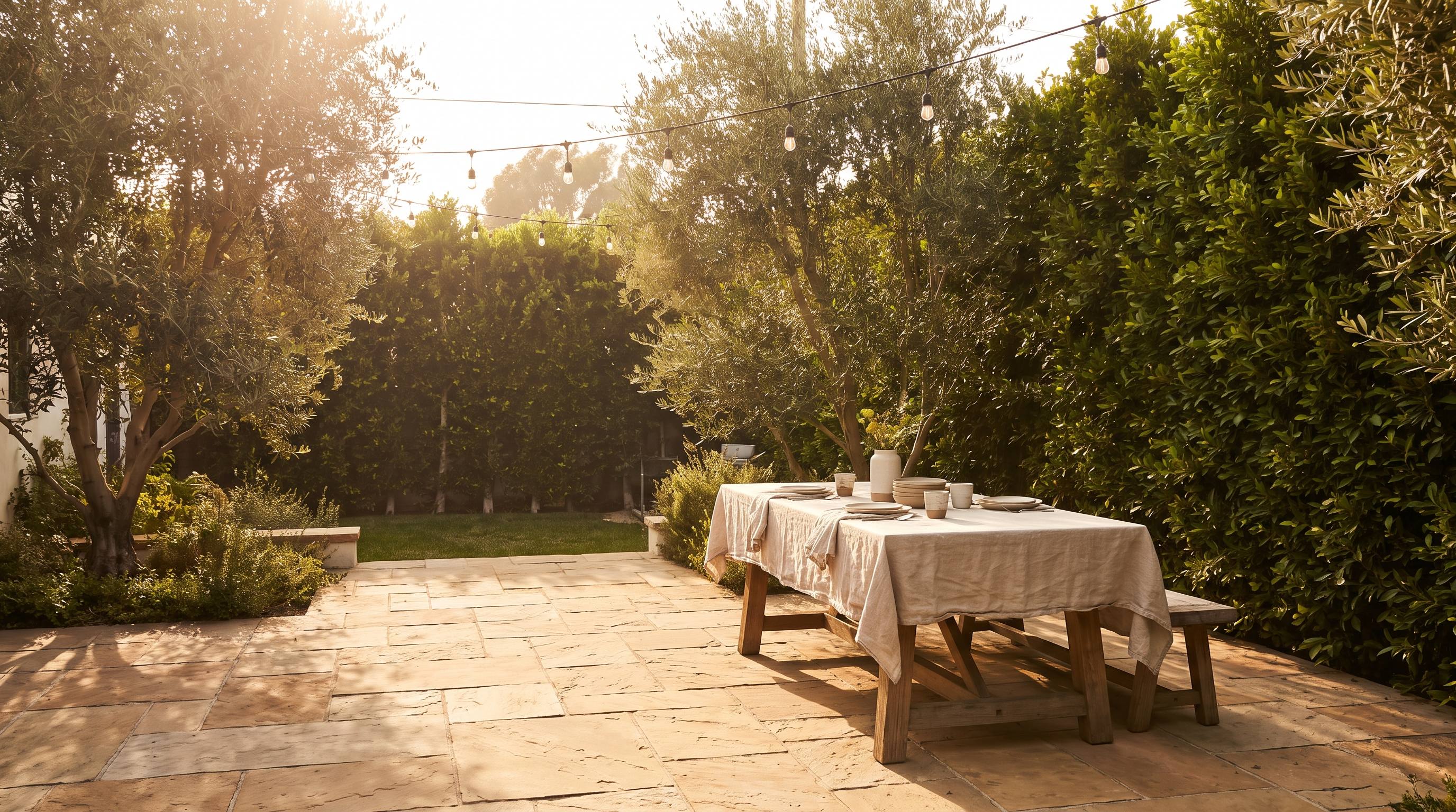 A sunlit backyard patio with olive trees