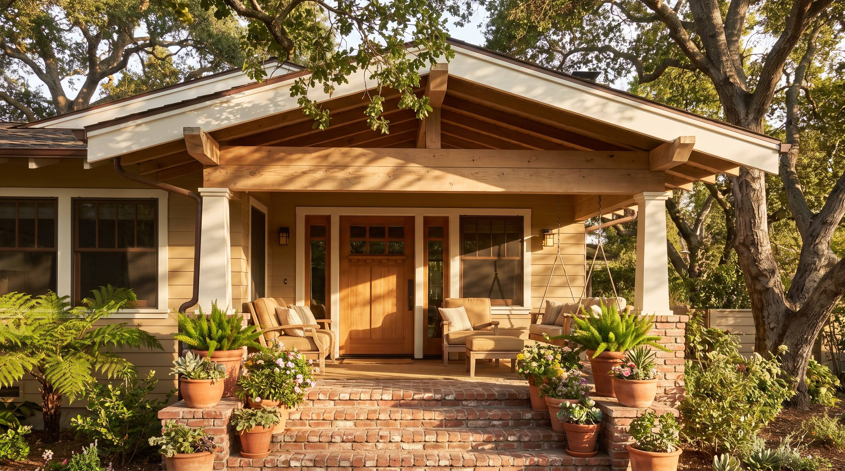 A Craftsman bungalow front porch in golden afternoon light
