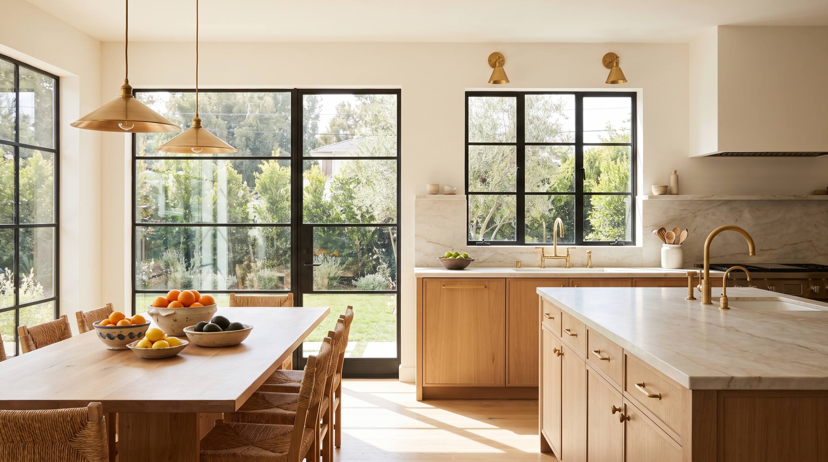 A bright kitchen and dining room in white oak and marble