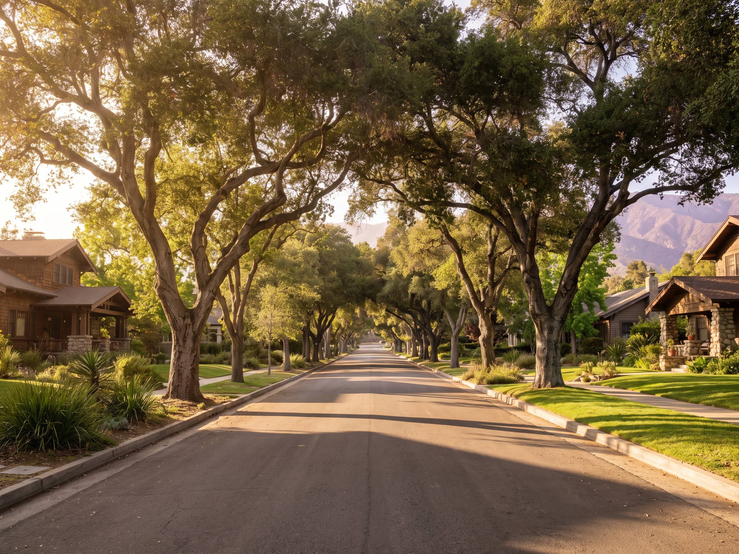 An oak lined residential street running toward the foothills