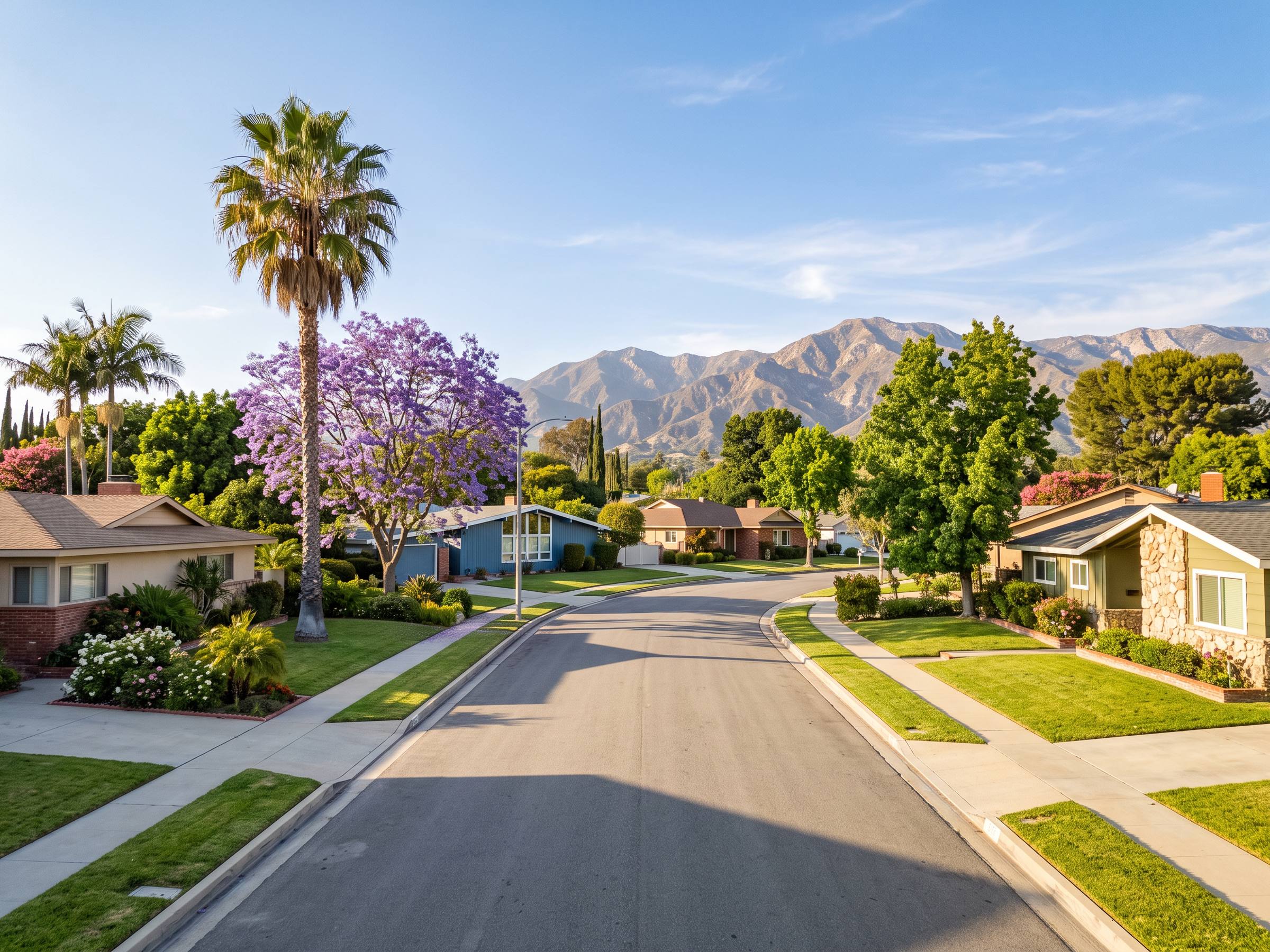 A wide valley residential street with mountains behind