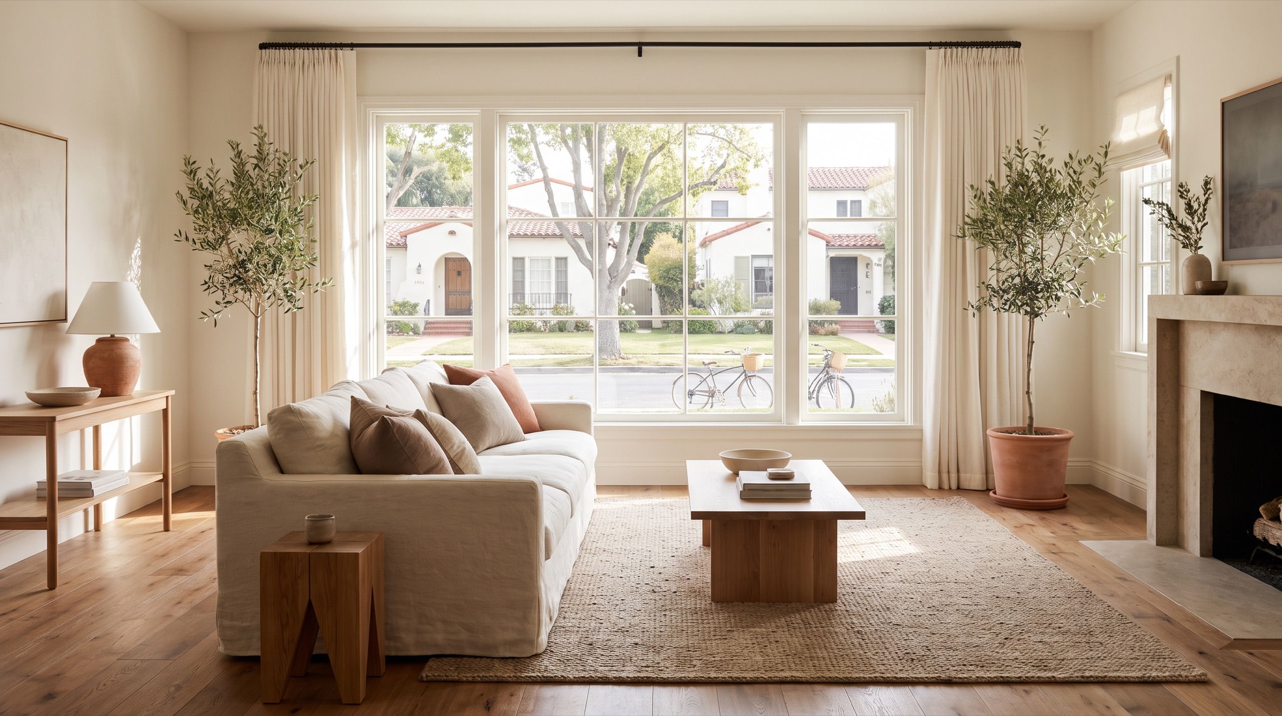 A bright living room with a window onto the street