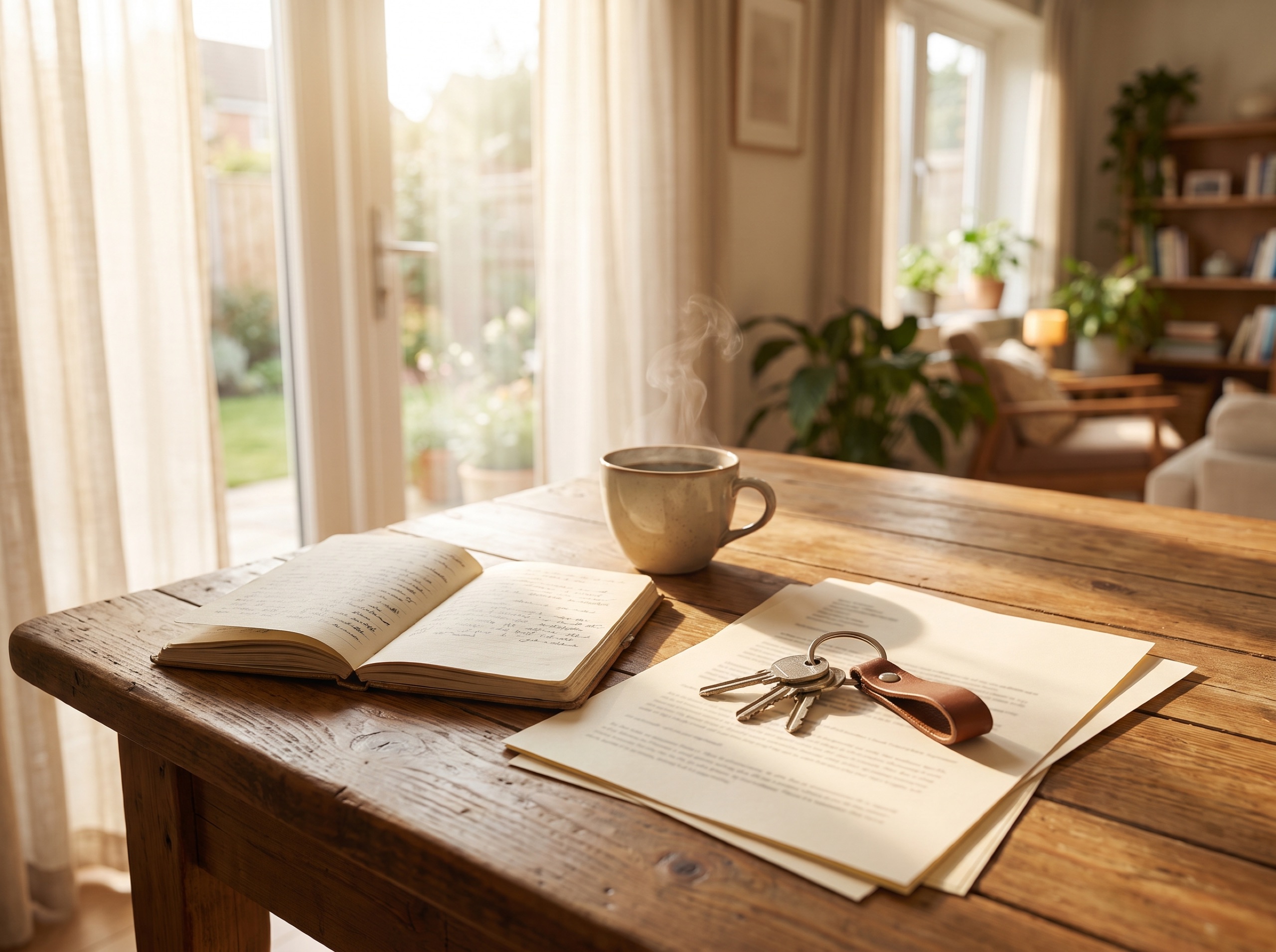 A kitchen table in morning light with house keys and a cup of coffee