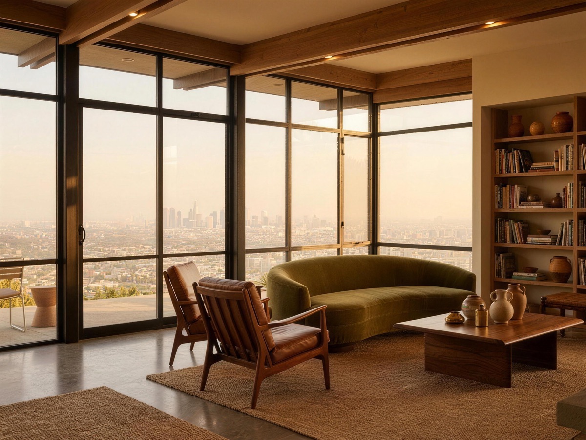 Warmly lit modern interior of a Hollywood Hills home