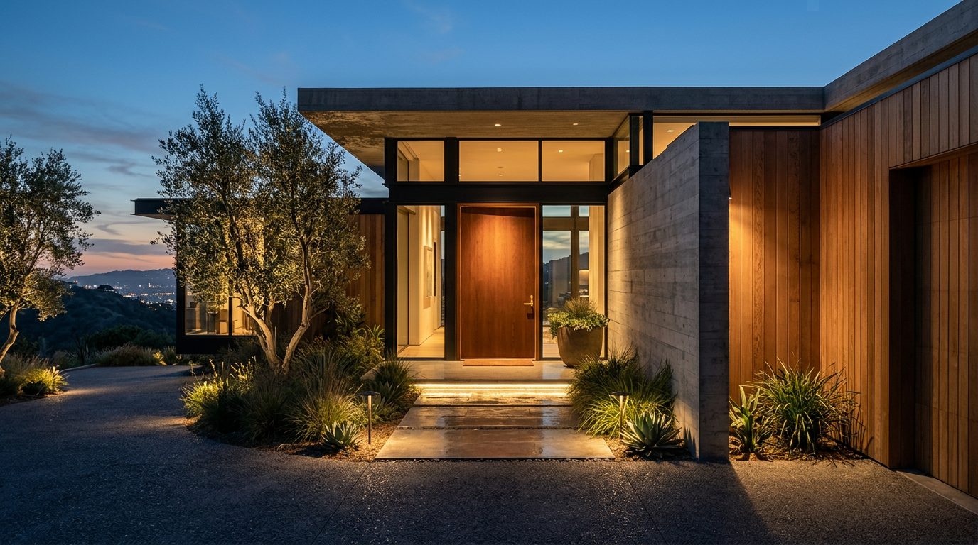A modern home entry glowing at dusk