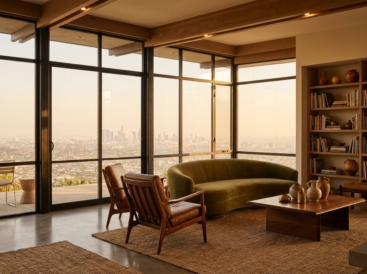 A warm interior with floor to ceiling windows over the Los Angeles basin