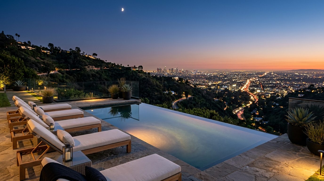 A hillside pool terrace above the Los Angeles glow at dusk