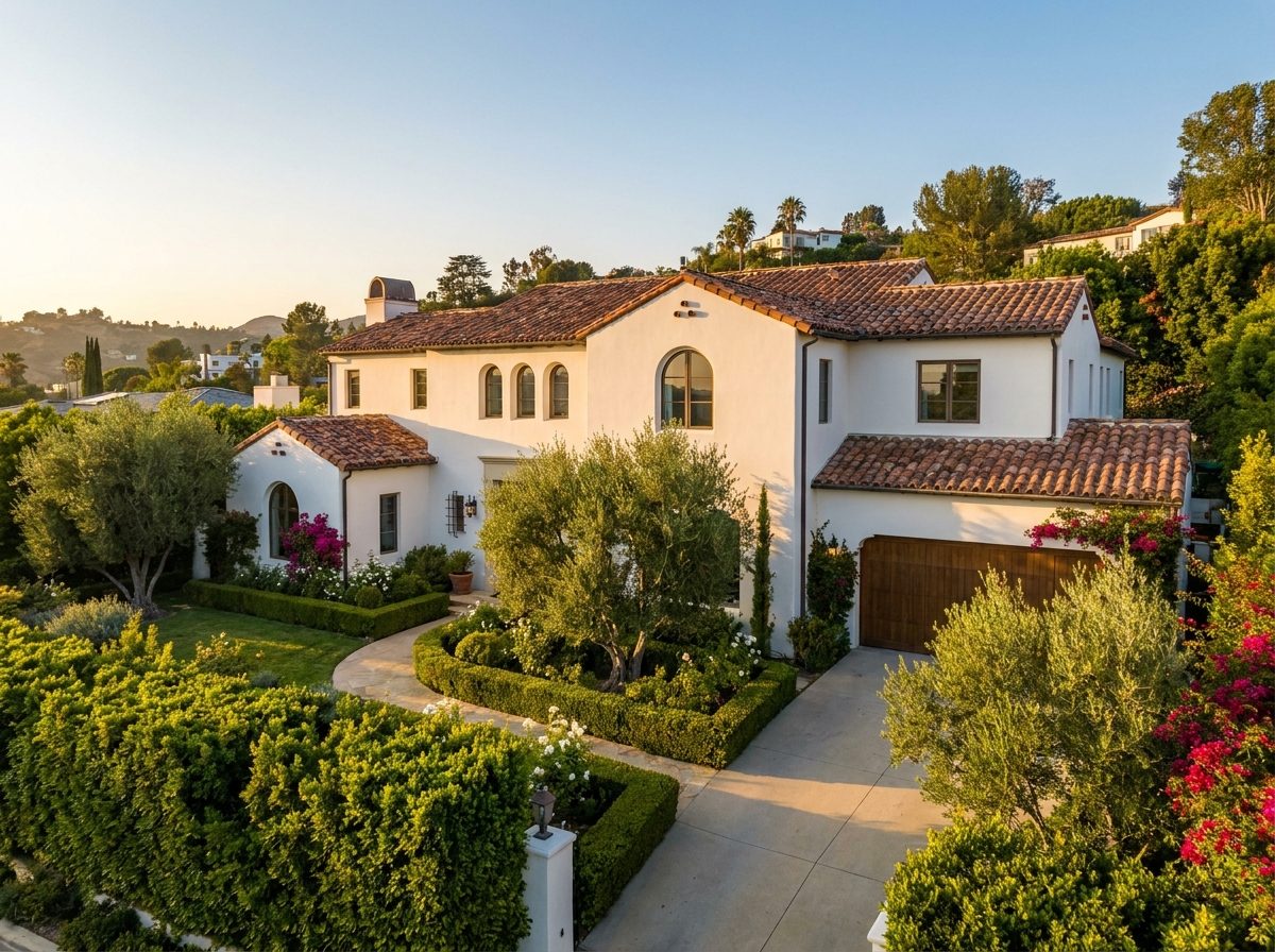 A Spanish revival home in the hills at golden hour