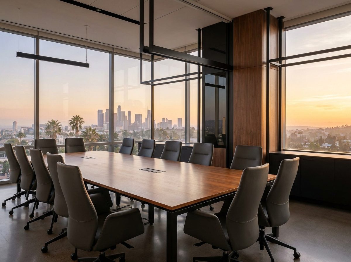 A modern meeting space above the Los Angeles basin at golden hour
